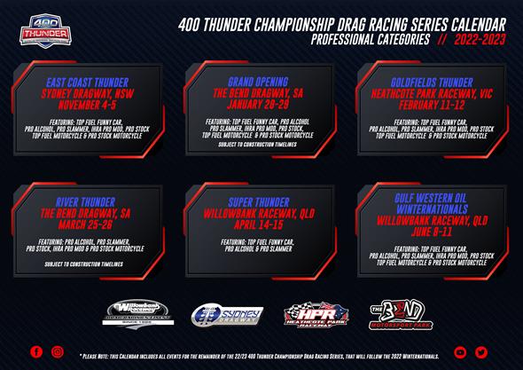 400 Thunder announce remaining 2022/2023 Championship Drag Racing Calendar for the PRO Categories.